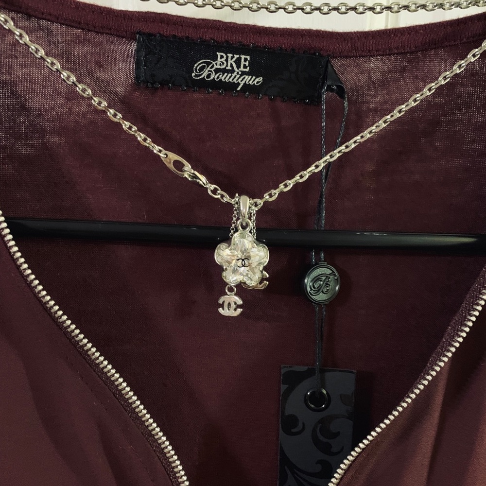 BKE Burgandy Military Embellished Zip Front Top - Picture 5 of 8